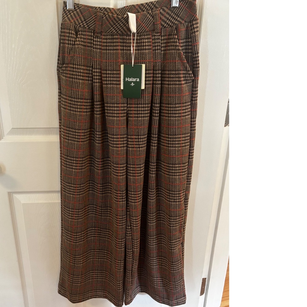 NWT Halara Wide Leg Plaid Trousers Brown Orange Glen Check Pleated Petite Small